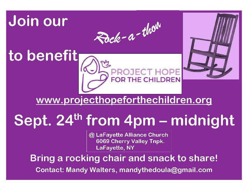 Join our Rock-a-thon to benefit Project Hope for the Children September 24th from 4pm - midnight Brink a rockking chair and snack to share!